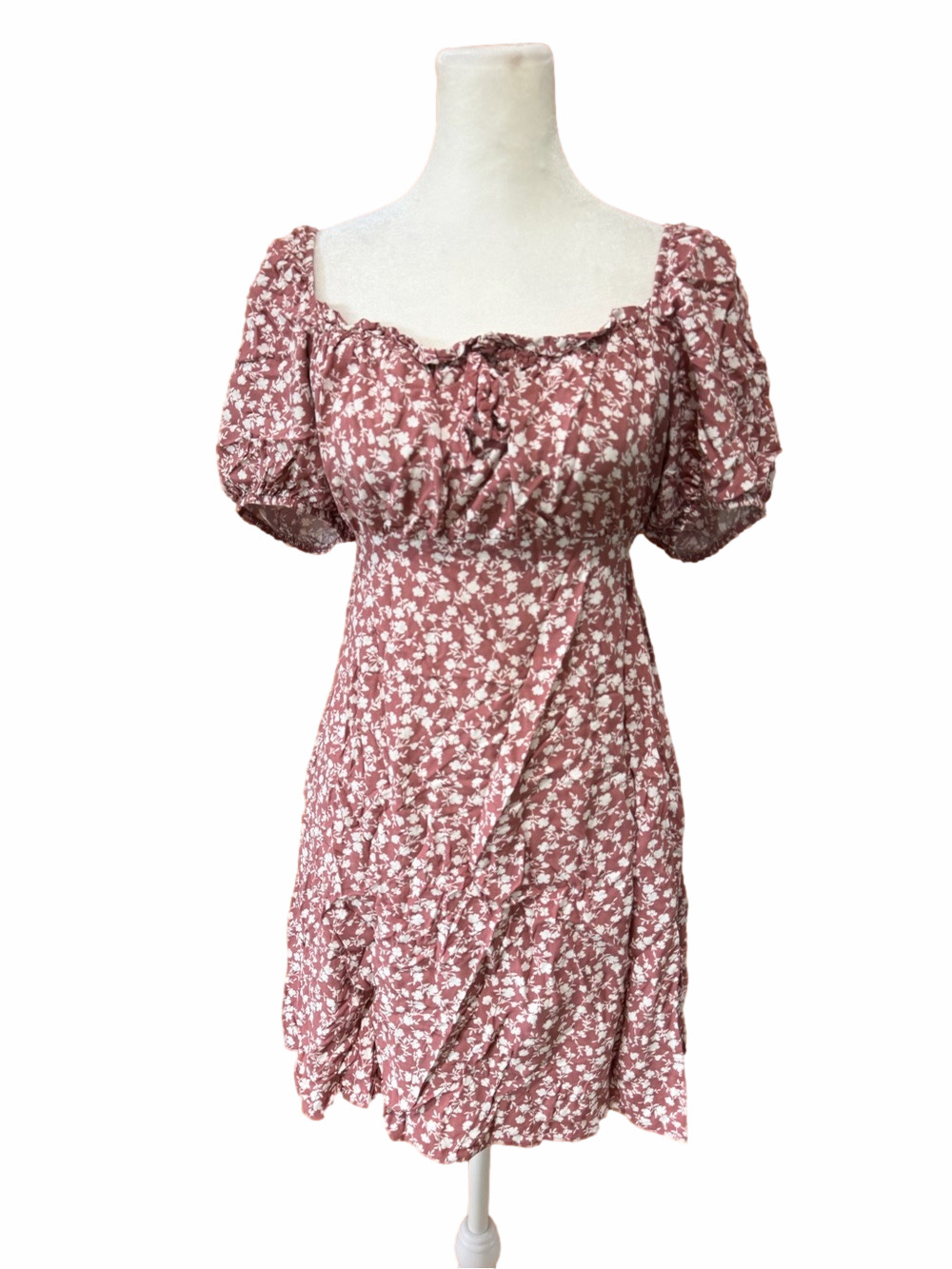 Primark Floral Puff Sleeve Square Neck Dress in Dusty Rose